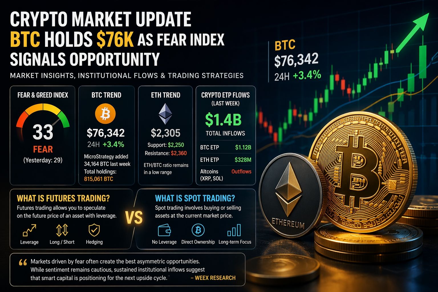 Mise à jour du marché des cryptomonnaies : Le BTC maintient $76K alors que l'indice de peur signale une opportunité — Qu'est-ce que le trading à terme et le trading au comptant expliqué